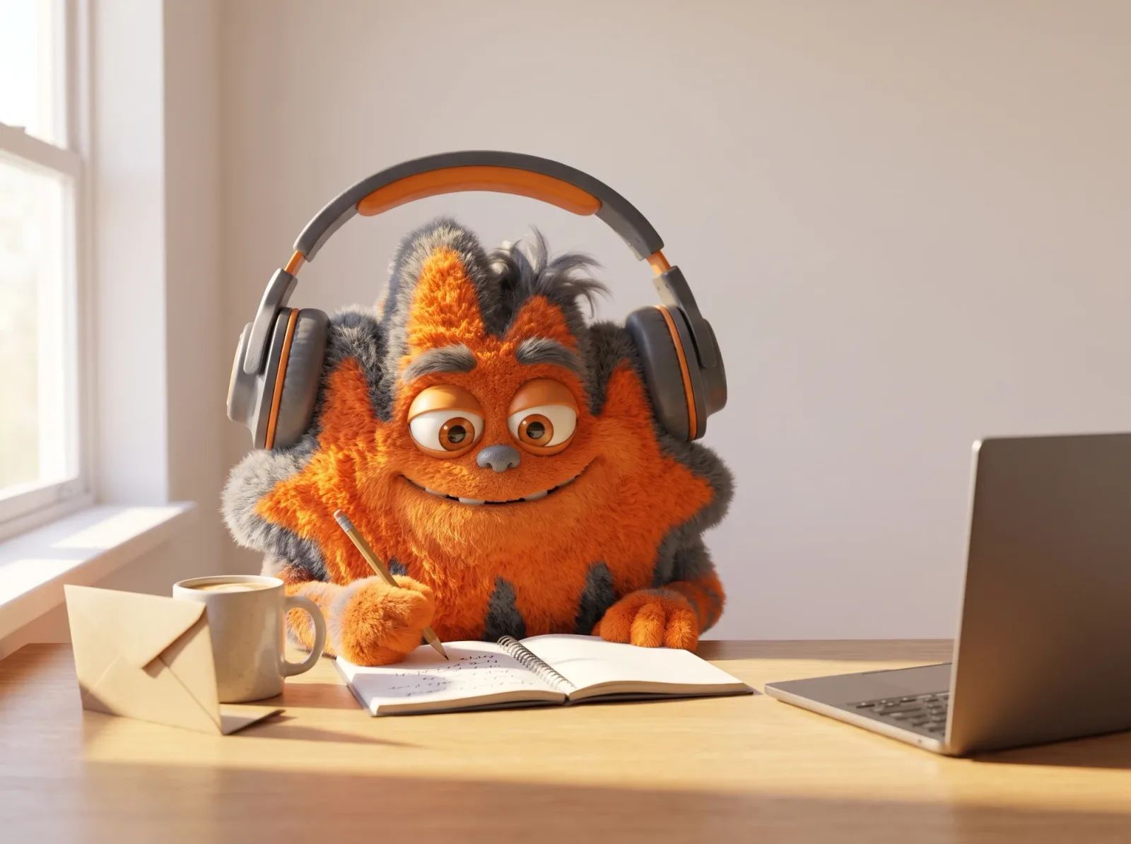 The AfterTone mascot writing a note at a desk with a coffee and an envelope