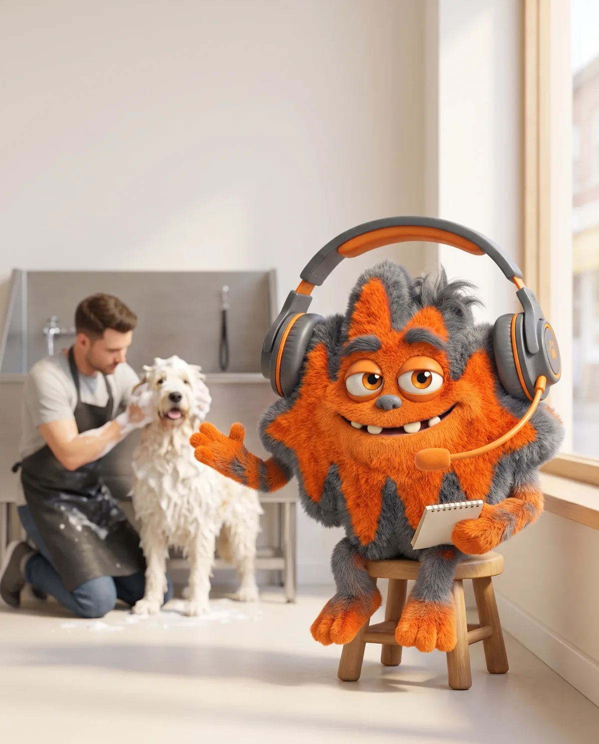The AfterTone mascot waving from a stool while a dog groomer washes a dog in the background