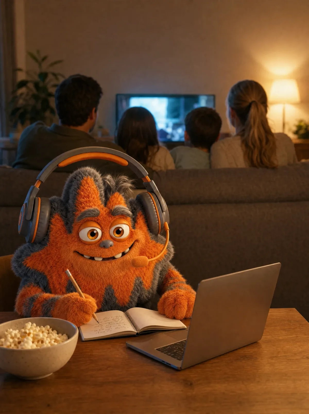 A family watching a film while the AfterTone mascot takes notes on a call in the foreground