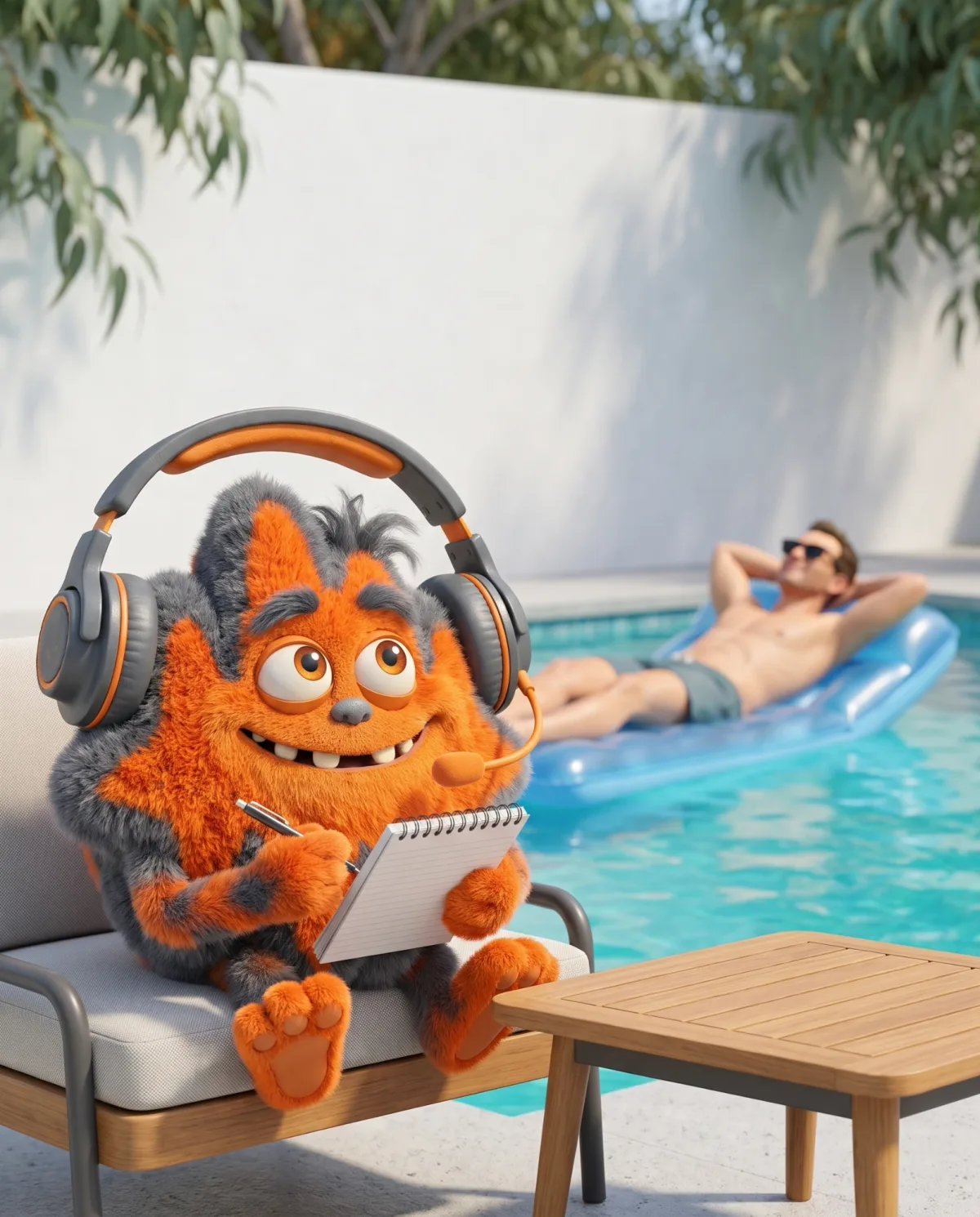 The AfterTone mascot taking notes on a call beside a pool while the business owner floats on a lilo