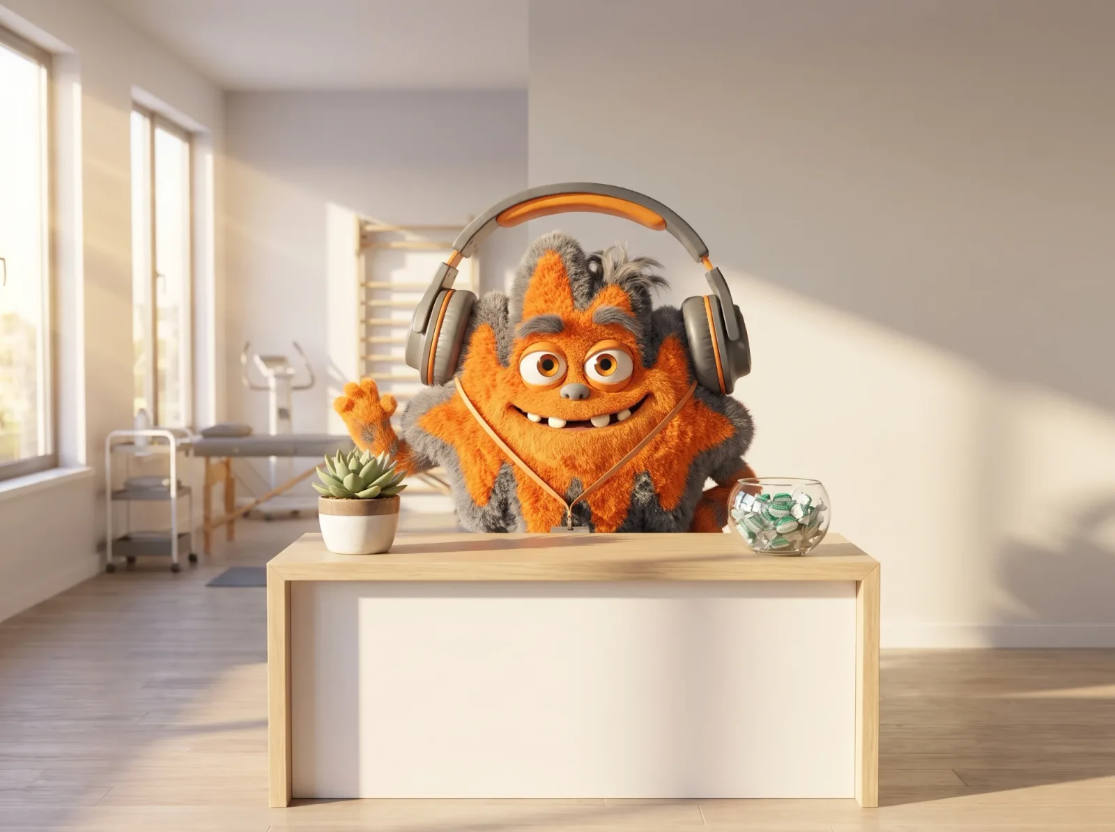 The AfterTone mascot waving from behind a clinic reception desk