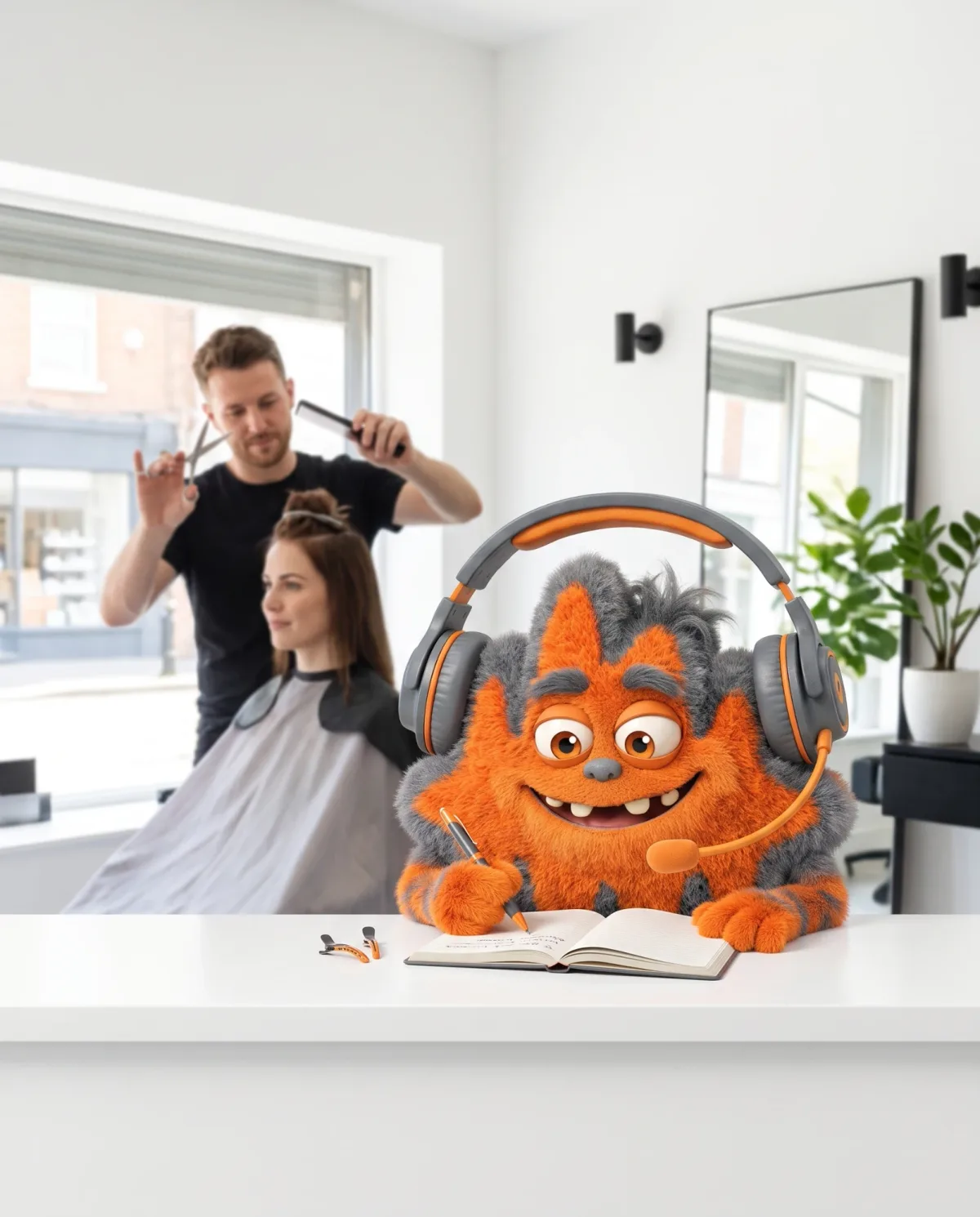 The AfterTone mascot writing in a diary at a salon counter while a hairdresser cuts a client's hair
