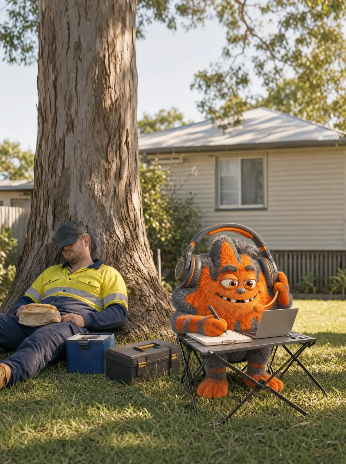 A tradie napping under a tree at lunch while the AfterTone mascot works at a fold-out table