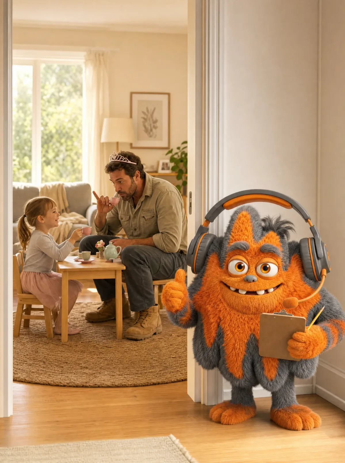 A dad at a tea party with his daughter while the AfterTone mascot takes a call at the door
