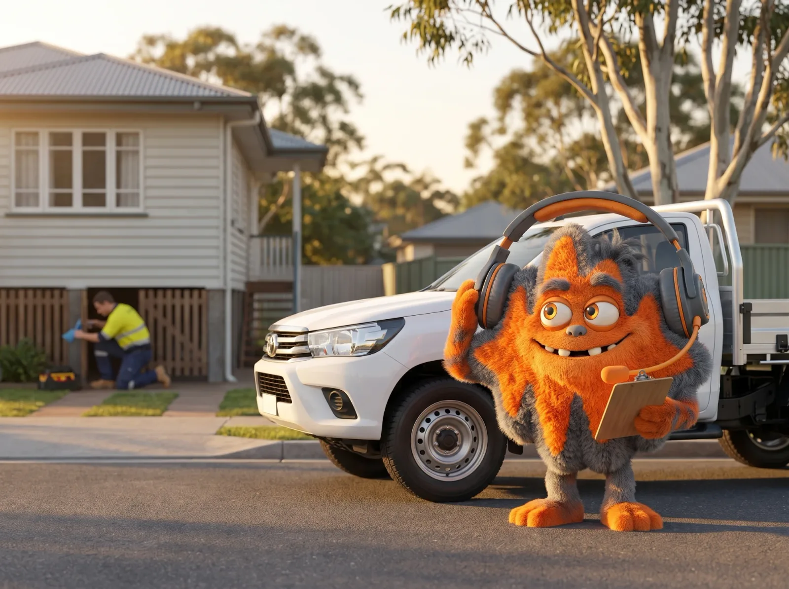 The AfterTone mascot taking a call beside a tradie's ute while the plumber works under a house